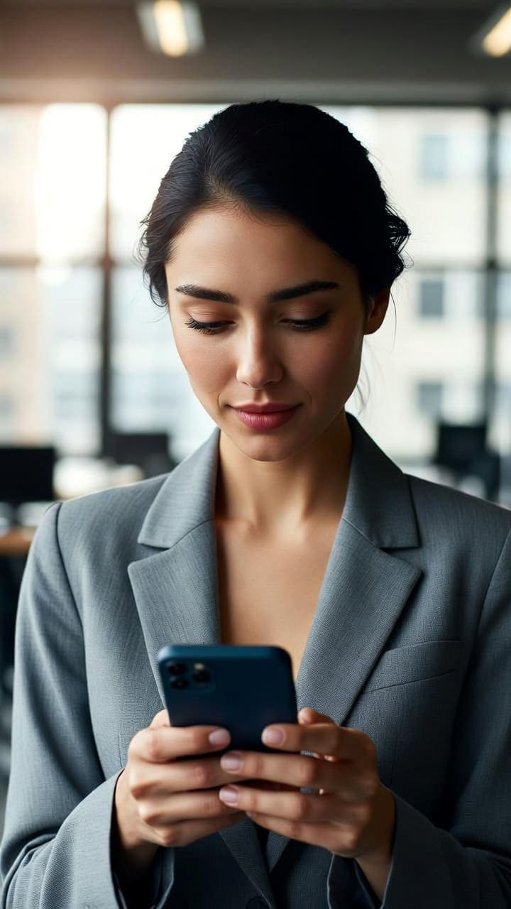 Person looking at phone with relieved expression